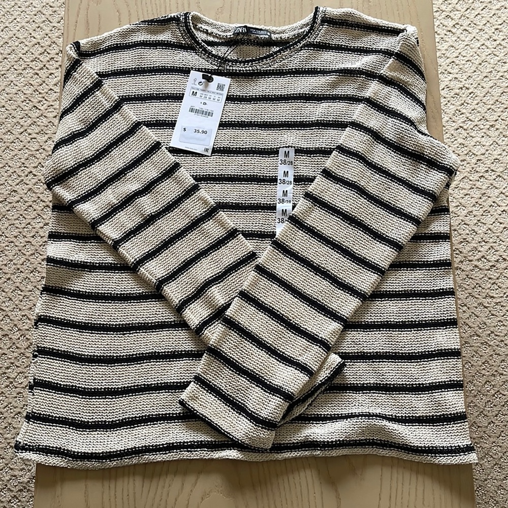 Zara Black and Off-White Striped Cotton Knit Sweater